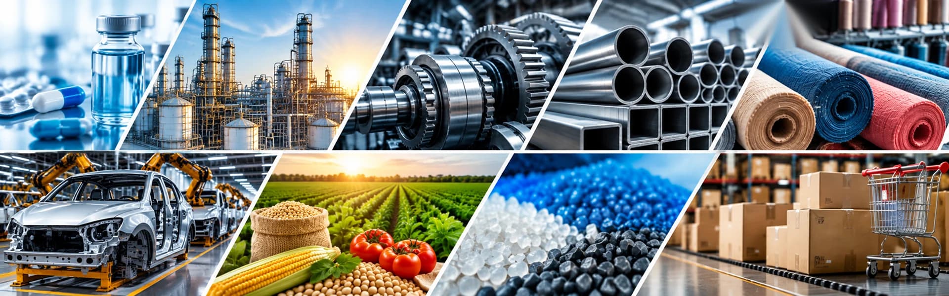 Collage of industries: pharma, chemicals, machinery, metals, textiles, automotive, agro, plastics and retail