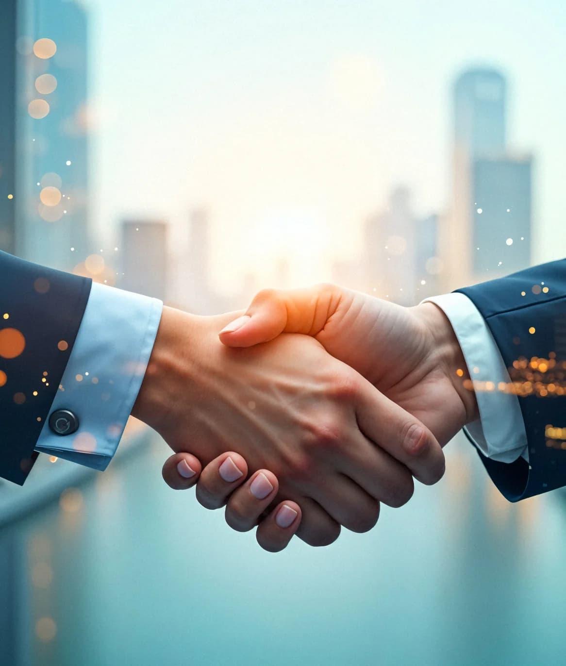 Business handshake in front of a city skyline